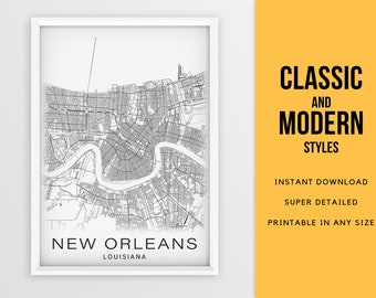 Druckbare Karte von New Orleans, Louisiana, Usa - Sofort Download \ Stadtplan \ Wandkunst \ Karte Poster