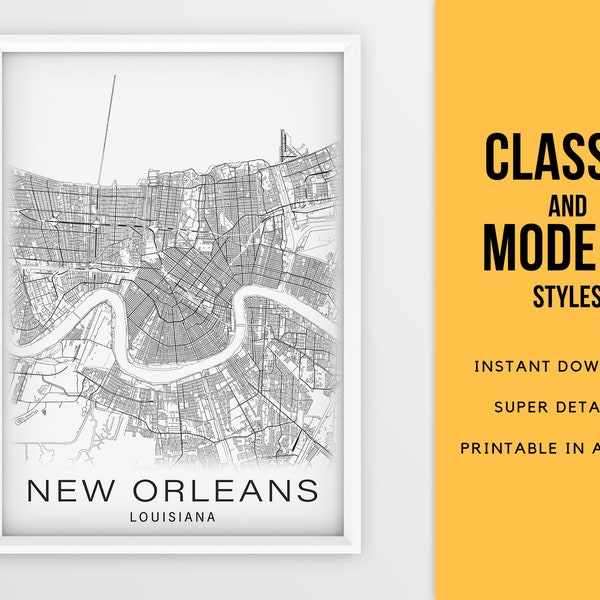 Printable Map of New Orleans, Louisiana, United States  - Instant Download \ City Map \ Wall Art \ Map Poster