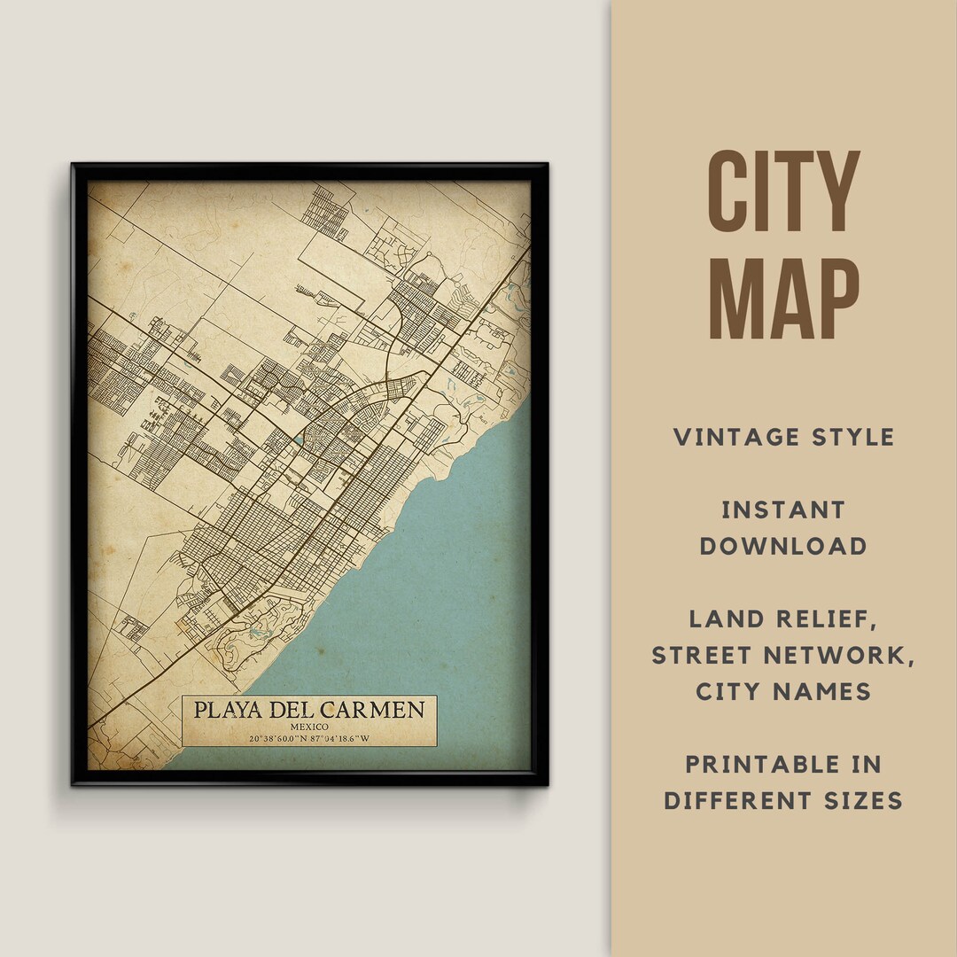 Printable Vintage Style Map of Playa Del Carmen, Mexico - Instant ...