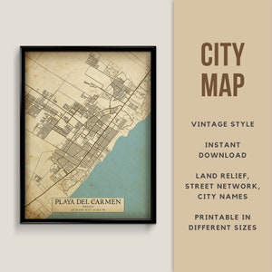Wydrukowana mapa w stylu vintage Playa del Carmen, Meksyk - Natychmiastowe pobranie \ Mapa uliczna \ Sztuka ścienna \ Plakat z mapą \ Styl antyczny \ Wydruk mapy