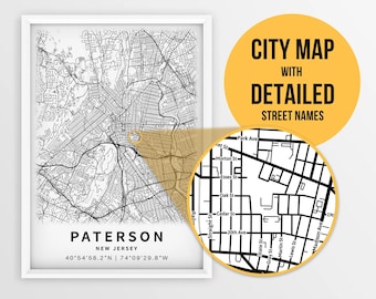 Printable Map of Paterson, New Jersey, USA with Street Names - Instant Download \ City Map \ Travel Gift \ City Poster \ Road Map Print