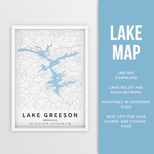 Mapa imprimible del lago Greeson, Arkansas, EE. UU. - Descarga instantánea \ Mapa del lago \ \ Cartel del mapa \ Decoración de la casa del lago \ LakeLife \ Pesca \ Paseos en bote
