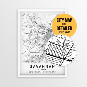 Mappa di Savannah, Georgia, con i nomi delle strade, poster stampabile della città di Savannah (download immediato)