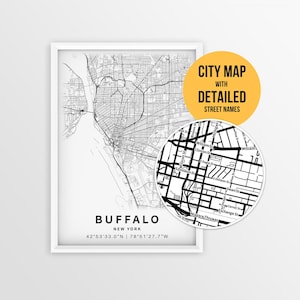 Peut inclure: Une carte de la ville de Buffalo, New York, en noir et blanc, encadrée en blanc. La carte comprend des noms de rues détaillés et des coordonnées. Un graphique circulaire met en évidence les détails des rues. Le texte "CITY MAP WITH DETAILED STREET NAMES" est affiché.