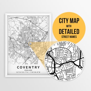 Druckbare Karte von Coventry, England, Grossbritannien mit Strassennamen - sofortiger Download ~ Karte ~ ~ Karte ~ ~ Stadtplan ~ ~
