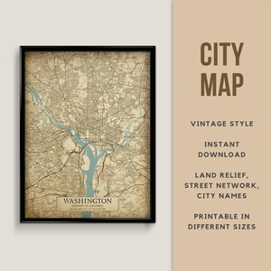Carte de style vintage imprimable de Washington DC, États-Unis - téléchargement immédiat \ plan des rues \ affiche de carte \ antiquité \ impression de carte \ district de Columbia