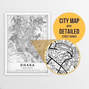 Druckbare Karte von Dhaka, Bangladesch mit Straßennamen - Sofort Download \ City Map \ Travel Gift \ City Poster \ Road Map Print \ Wall Art