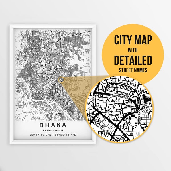 Printable Map of Dhaka, Bangladesh with Street Names - Instant Download \ City Map \ Travel Gift \ City Poster \ Road Map Print \ Wall Art