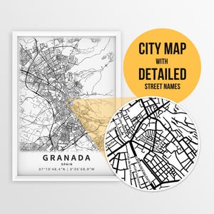 Grandiose Karte von Grenada, Spanien mit Strassennamen - Sofort Download \ Stadt Karte / Geschenk fuer Sie / Stadt Poster / Strassen Karte Print / Kunst