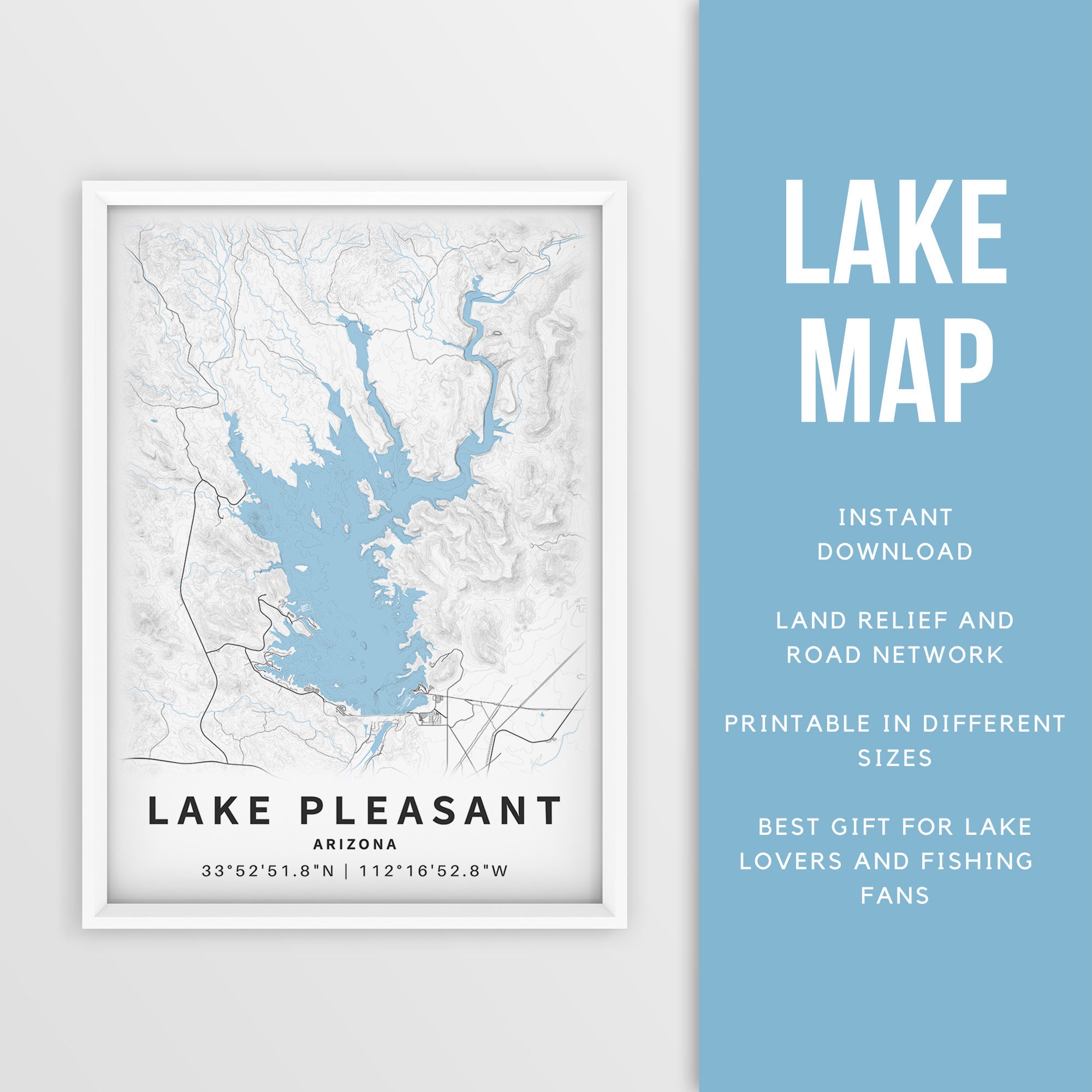 Printable Map of Lake Pleasant, Arizona, US - Instant Download \ Lake Map \ Map Poster \ Lake House Decor \ LakeLife \ Fishing \ Boating