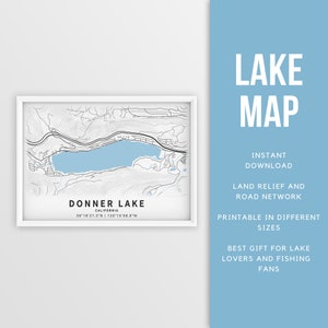 Mapa imprimible de Donner Lake, California, EE. UU. - Descarga instantánea \ Mapa del lago \ Cartel del mapa \ Decoración de la casa del lago \ LakeLife \ Pesca \ Paseos en bote