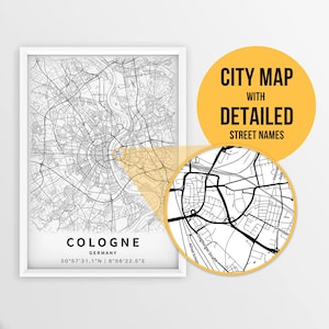 Mapa imprimible de Colonia, Alemania con nombres de calles - Descarga instantánea \ Mapa de la ciudad \ Regalo de viaje \ Cartel de la ciudad \ Impresión de hoja de ruta \ Arte de pared