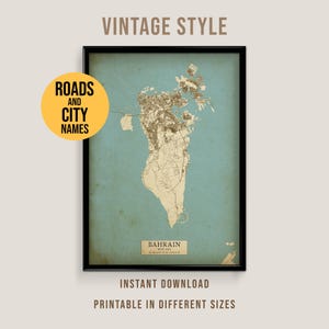 Bahrain Vintage Style Map with roads and city names, Printable Bahrain Poster (Instant Download)
