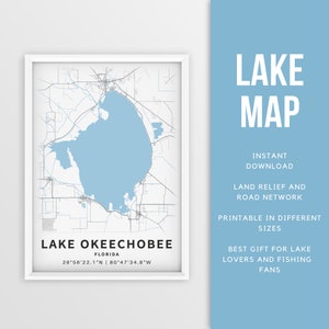 Afdrukbare kaart van Lake Okeechobee, Florida, VS - Instant Download \ Lake Map \ Map Poster \ Lake House Decor \ LakeLife \ Fishing \ Varen