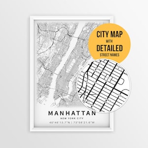 Mappa di Manhattan, New York, con i nomi delle strade, poster stampabile di Manhattan (download immediato)