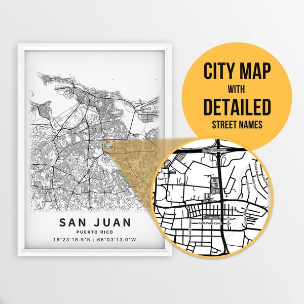 Printable Map of San Juan, Puerto Rico with Street Names - Instant Download \ City Map \ Travel Gift \ City Poster \ Road Map Print