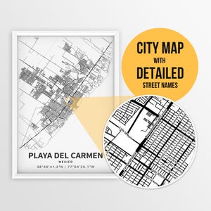 Carte imprimable de Playa del Carmen, Mexique avec les noms de rue - téléchargement immédiat \ plan de la ville \ cadeau de voyage \ affiche de la ville \ impression de carte routière