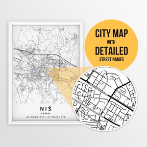 Carte imprimable de Niš (Nish), Serbie avec les noms de rue - téléchargement immédiat \ plan de la ville \ cadeau de voyage \ affiche de la ville \ impression de carte routière \ art mural