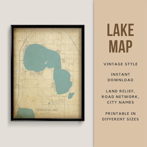 Mapa de estilo vintage del lago Higgins, Michigan, EE. UU. con nombres de ciudades - Descarga instantánea \ Mapa del lago \ Arte de la pared \ Cartel imprimible \ Arte rústico