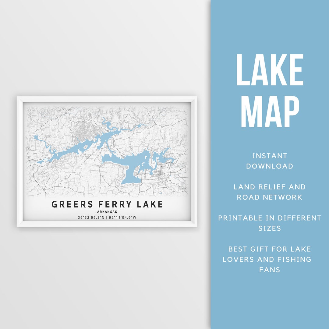 Printable Map of Greers Ferry Lake, Arkansas, US Instant Download Lake Map Map Poster Lakehouse