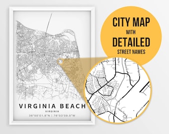 Printable Map of Virginia Beach, Virginia, USA with Street Names - Instant Download \ City Map \ Travel Gift \ City Poster \ Road Map Print