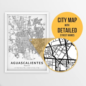 Aguascalientes, Mexiko Karte mit Strassennamen - Instant Download \ City Map ""Wand Kunst"" ""Mexiko"" Poster ""Mexiko Road""."