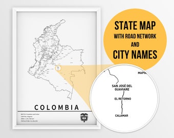 Printable Map of Colombia with city names and roads - Instant Download \ Country Map \ Map Art \ Travel Planner \ Pushpin map \ Map Print