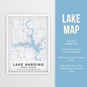 Afdrukbare kaart van Lake Harding, Alabama, VS - Instant Download \ Lake Map \ Kaartposter \ Lake House Decor \ LakeLife \ Fishing \ Varen