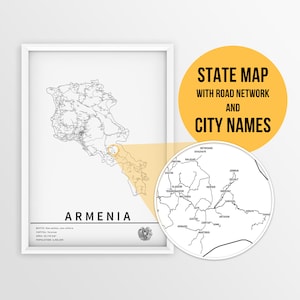Carte imprimable de l'Arménie avec les noms des villes et des routes - téléchargement immédiat \ carte du pays \ impression de carte \ carte à épingles \ planificateur de voyage \ Erevan
