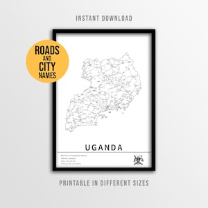 Kaartposter Oeganda, afdrukbare landwegenkaart met plaatsnamen (direct downloaden)