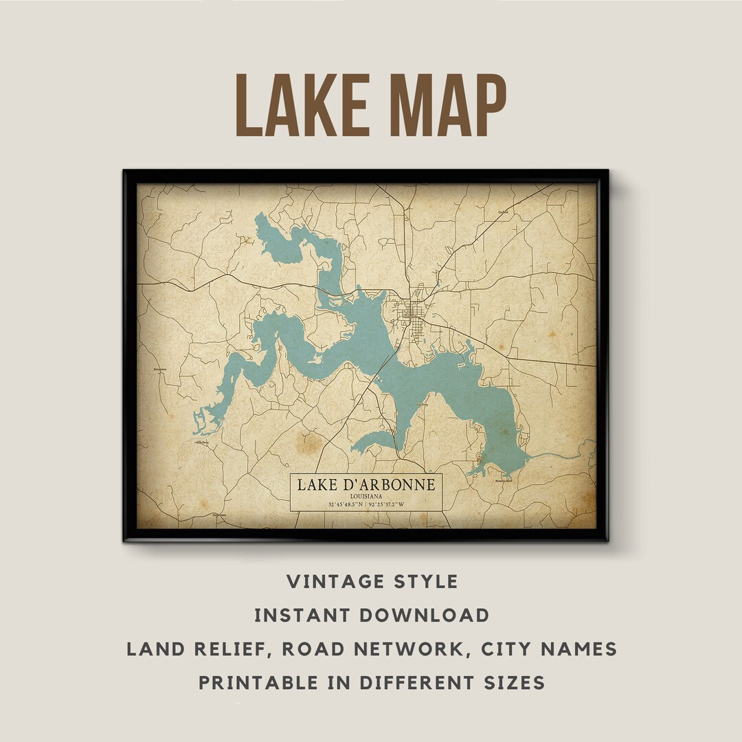 Vintage Style Map of Lake D'arbonne, Louisiana, USA Instant Download