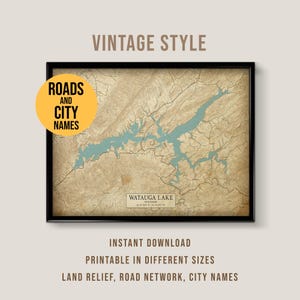 Mapa vintage del lago Watauga, póster imprimible de la casa del lago de Tennessee (descarga instantánea)
