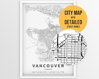 Mapa Vancouver w Kanadzie z nazwami ulic, plakat z Vancouver do druku (do pobrania na bieżąco)