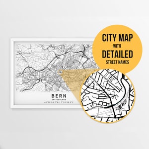 Carte imprimable de Berne, Suisse, avec les noms des rues - Téléchargement immédiat \ Plan de la ville \ Cadeau de voyage \ Poster de la ville \ Impression de carte routière \ Art mural