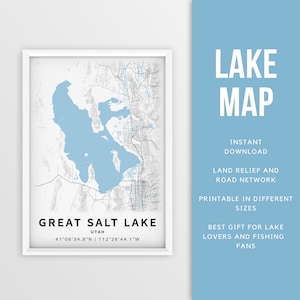 Mapa imprimible del Gran Lago Salado Utah, EE. UU. - Descarga instantánea \ Mapa del lago \ Cartel del mapa \ Decoración de la casa del lago \ LakeLife \ Pesca \ Paseos en bote