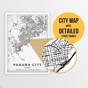 Carte imprimable de la ville de Panama, Panama avec noms de rues - Téléchargement instantané \ Carte de la ville \ Cadeau de voyage \ Affiche de la ville \ Impression de carte routière \ Art mural