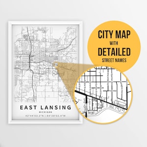 Mapa imprimible de East Lansing, Michigan, EE. UU. con nombres de calles - Descarga instantánea \ Mapa de la ciudad \ Regalo de viaje \ Cartel de la ciudad \ Impresión de hoja de ruta