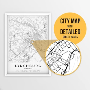 Mapa para impressão de Lynchburg, Virgínia, EUA com nomes de ruas - download instantâneo \ Mapa da cidade \ Presente de viagem \ Cartaz da cidade \ Impressão de mapa de estradas