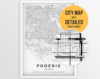 Phoenix Arizona Map with Street Names, Printable Phoenix City Poster (Instant Download)