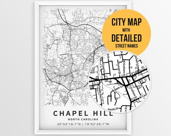 Karta över Chapel Hill med gatunamn, utskrivbar affisch över North Carolina (nedladdning direkt)