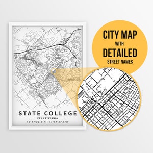 Carte imprimable de State College, Pennsylvanie, États-Unis avec les noms des rues - téléchargement immédiat \ plan de la ville \ cadeau de voyage \ affiche de la ville \ carte routière