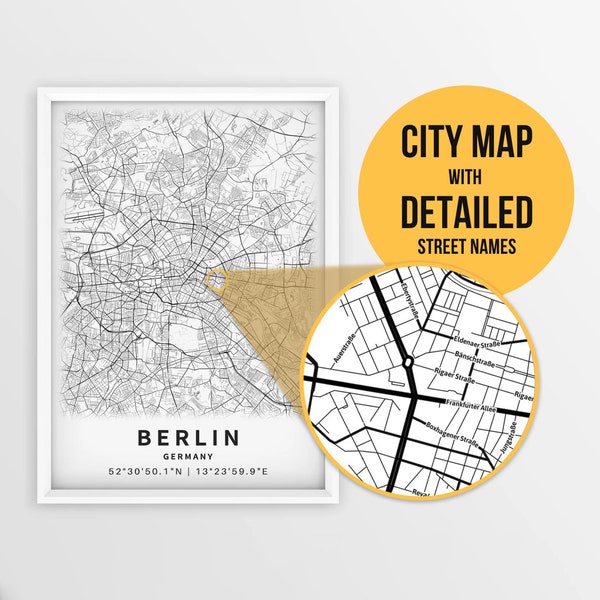 Mapa imprimible de Berlín, Alemania con nombres de calles - Descarga instantánea \ Mapa de la ciudad \ Regalo de viaje \ Cartel de la ciudad \ Impresión de hoja de ruta \ Arte de Berlín