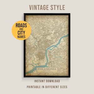 Philadelphia, Pennsylvania Vintage Style Map, Printable Philadelphia City Poster (Instant Download)