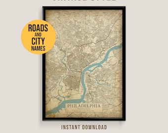 Philadelphia, Pennsylvania Vintage Style Map, Printable Philadelphia City Poster (Instant Download)