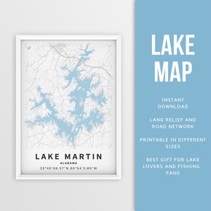 Afdrukbare kaart van Lake Martin, Alabama - Instant Download \ Lake Map \ Wall Art \ Map Poster \ Lakehouse Decor \ LakeLife \ Fishing \ Varen