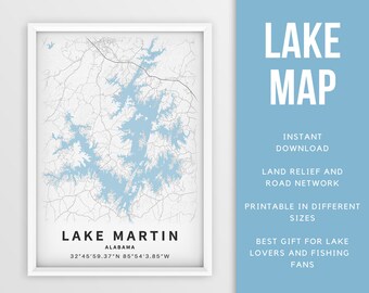 Printable Map of Lake Martin, Alabama - Instant Download \ Lake Map \ Wall Art \ Map Poster \ Lakehouse Decor \ LakeLife \ Fishing \ Boating