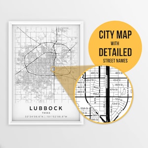 Mapa para impressão de Lubbock, Texas, EUA com nomes de ruas - download instantâneo \ Mapa da cidade \ Presente de viagem \ Cartaz da cidade \ Impressão de mapa de estradas \ Arte de parede