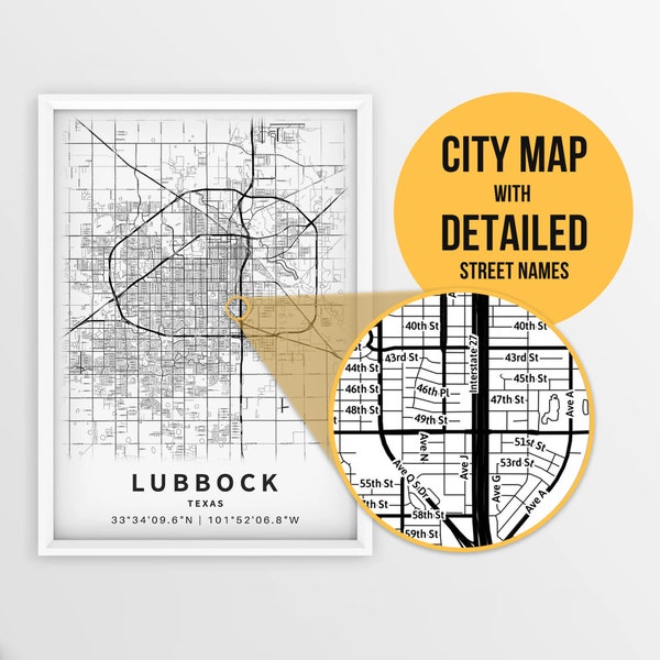 Printable Map of Lubbock, Texas, USA with Street Names - Instant Download \ City Map \ Travel Gift \ City Poster \ Road Map Print \ Wall Art