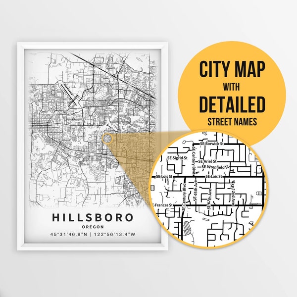 Printable Map Hillsboro, Oregon with street names - Instant Download \ City Map \ Travel Gift \ City Poster \ Road Map \ Washington County