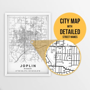 Druckbare Karte von Joplin, Missouri, USA mit Straßennamen - Sofort Download \ City Map \ Travel Gift \ City Poster \ Road Map Print